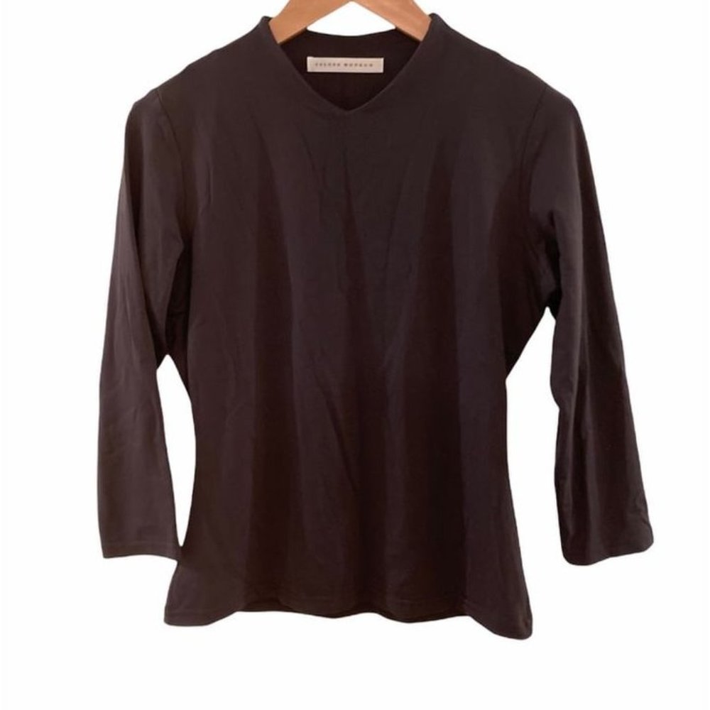 SUSAN MONOCO gray v-neck quarter sleeve fitted top. Size L